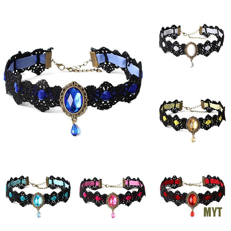 Vòng Cổ Choker Vải Nhung Màu Đen Đính Đá Pha Lê Phong Cách Gothic Vintage