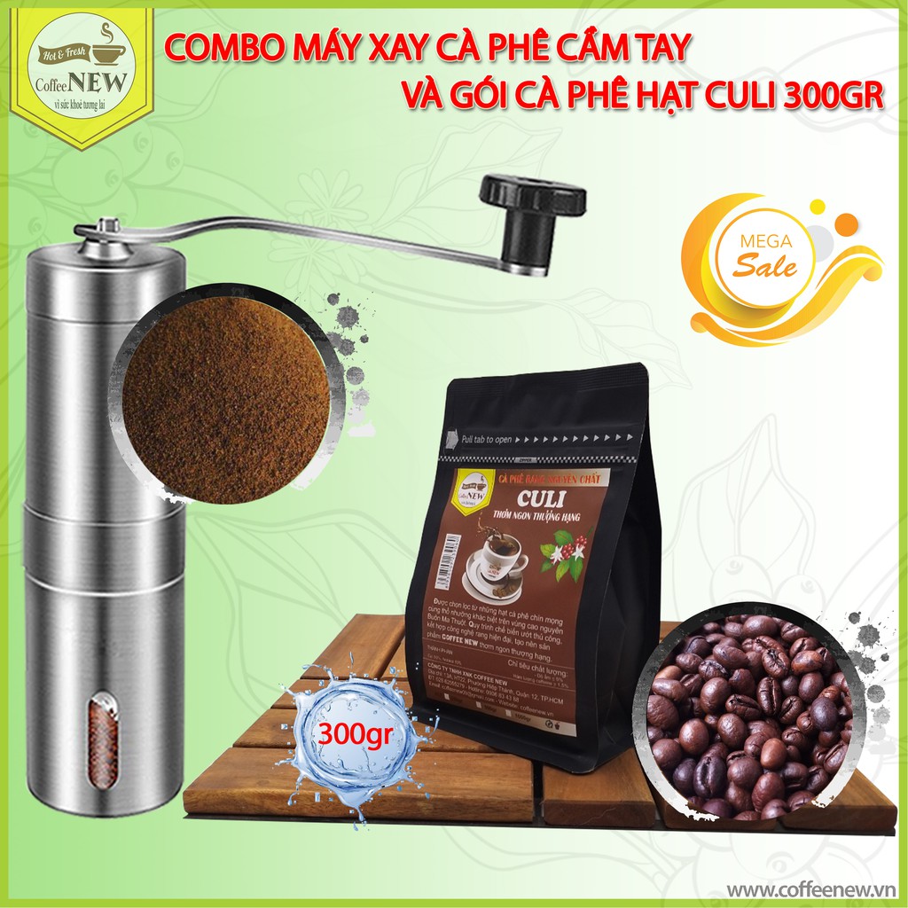 Combo Máy Xay Cafe, Xay Tiêu Cầm Tay Tiện Dụng và Gói Cafe CULI Nguyên Hạt 250gr - Coffee New