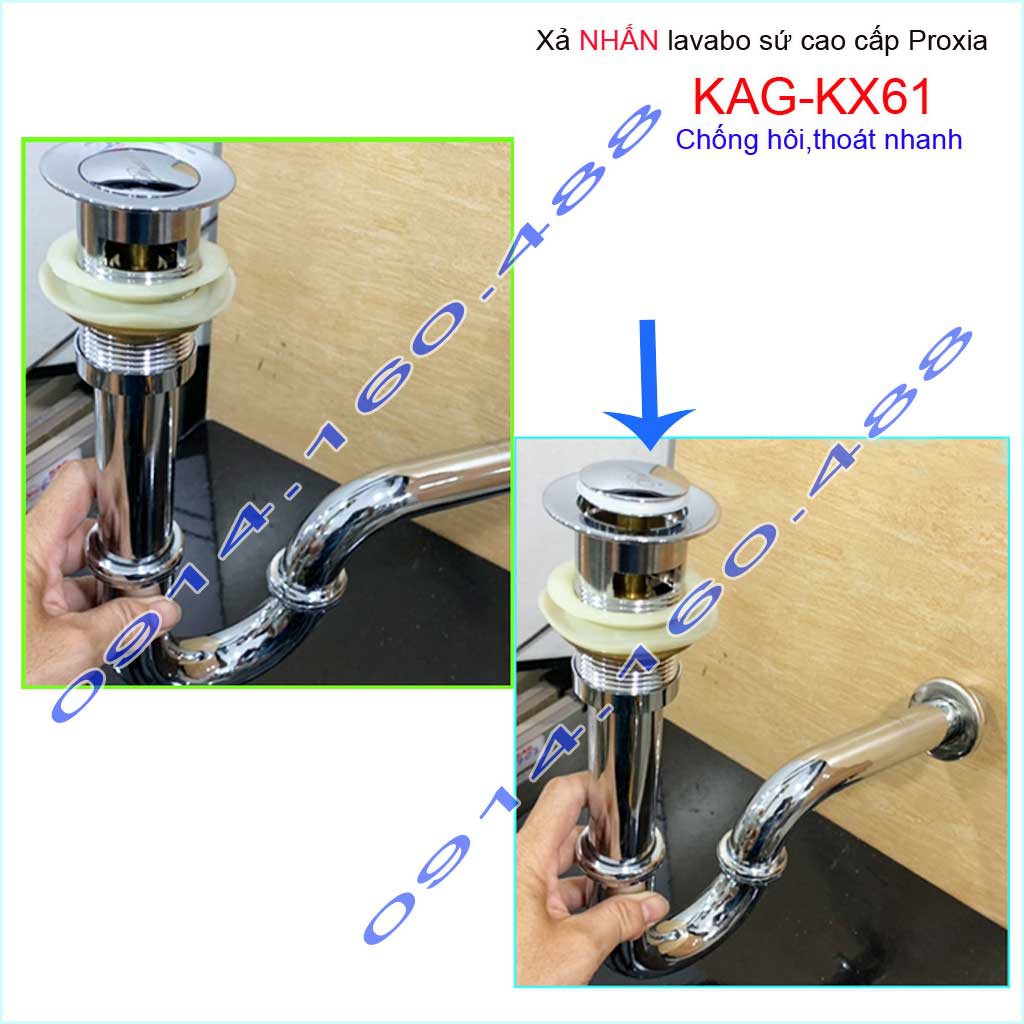 Xả lavabo Proxia KAG-KX61, bộ xả nhấn chậu rửa mặt cao cấp inox dày sáng bóng