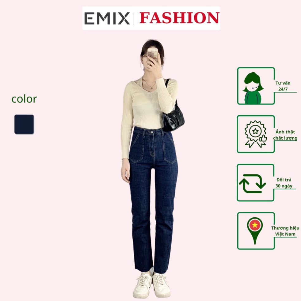 Quần jean nữ cạp cao EMIX (màu xanh), dáng dài, ống đứng, có túi đan góc, chất jean mềm nhẹ, có giãn, ít bai xù 9013
