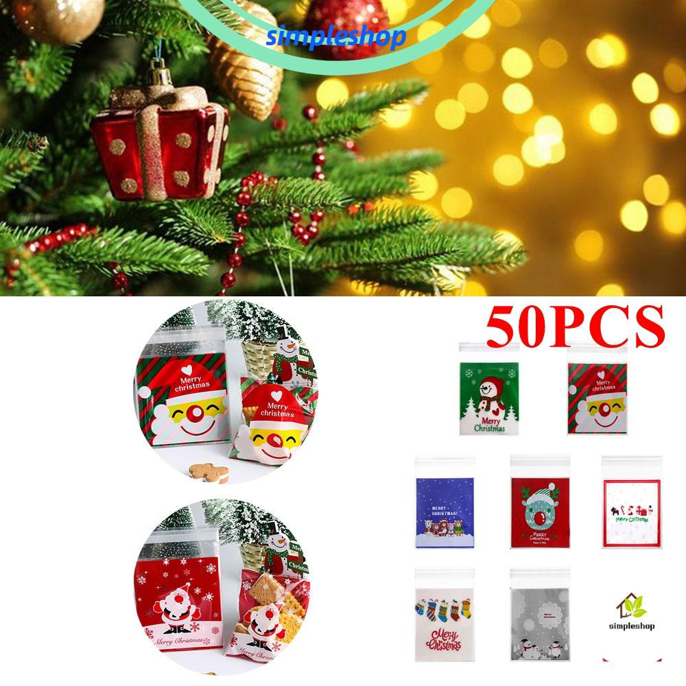❀SIMPLE❀ 50PCS Decor Christmas Gifts Bags Bake Cookies Plastic Packaging Self-adhesive Biscuit Cute Candy Kids Gifts Santa Claus