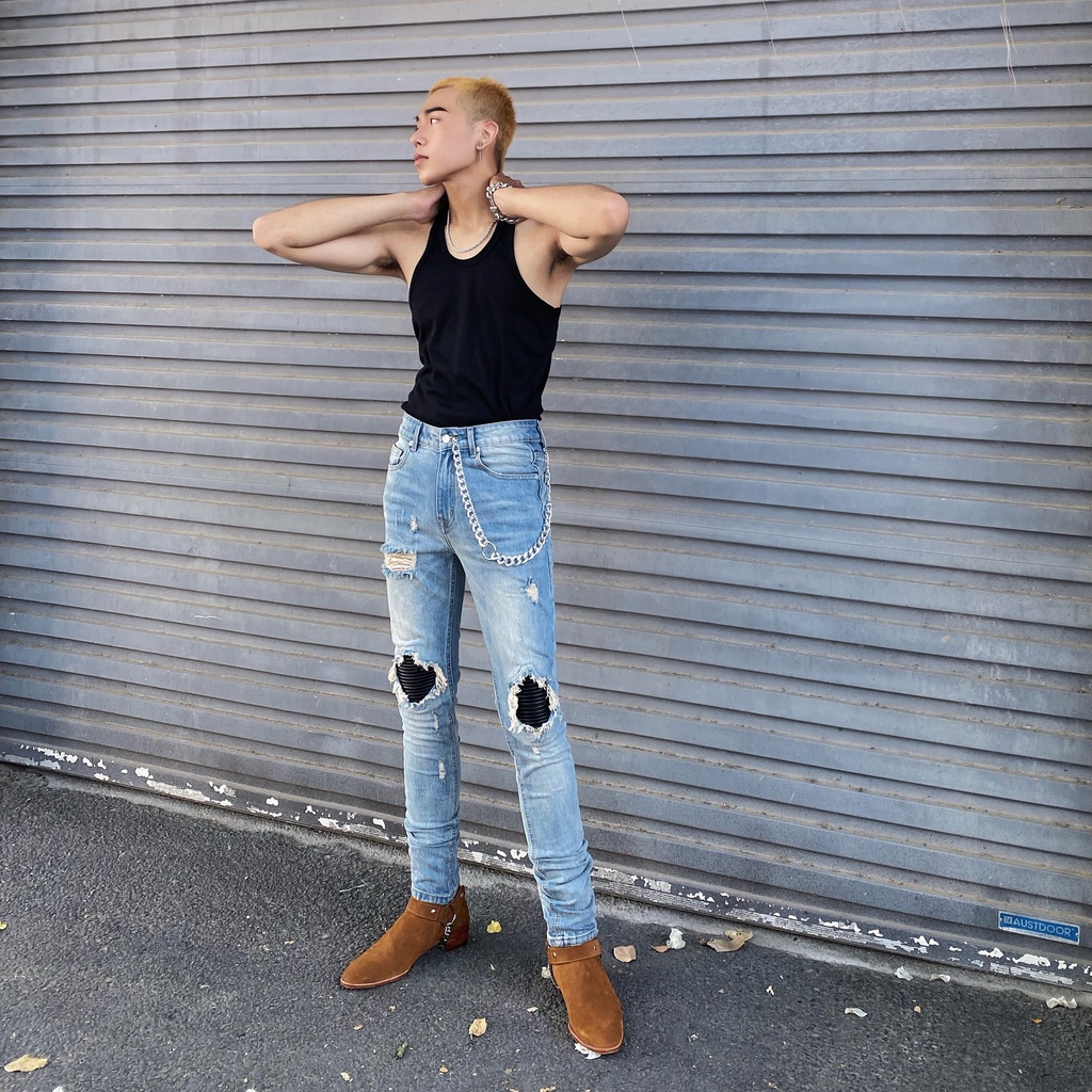Quần Jeans Nam J17 Stretwear Chất Liệu Cao Cấp Rách Gối Đắp Da Đen Màu Xanh Sáng - TLB Vietnam