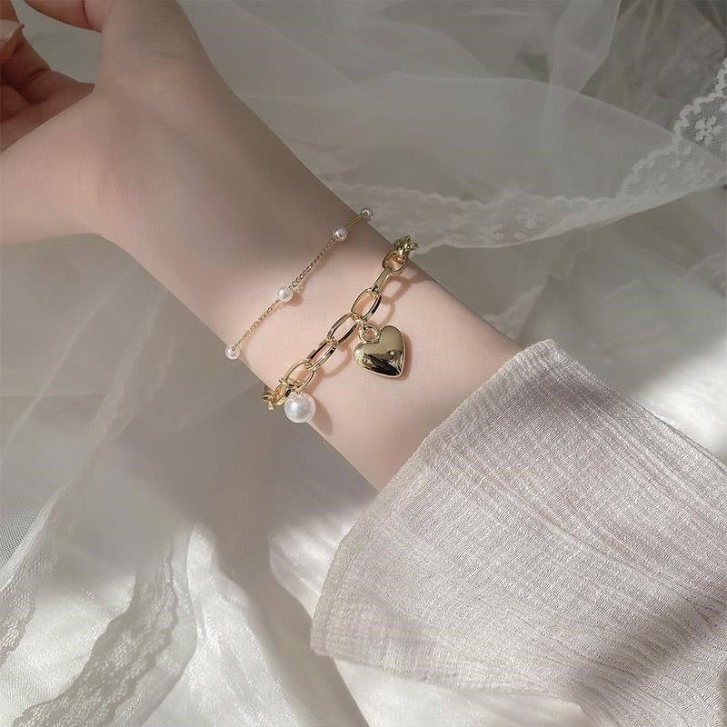 Vòng Đeo Tay Hai Lớp Đính Ngọc Trai Nhân Tạo Phong Cách Vintage Hàn Quốc