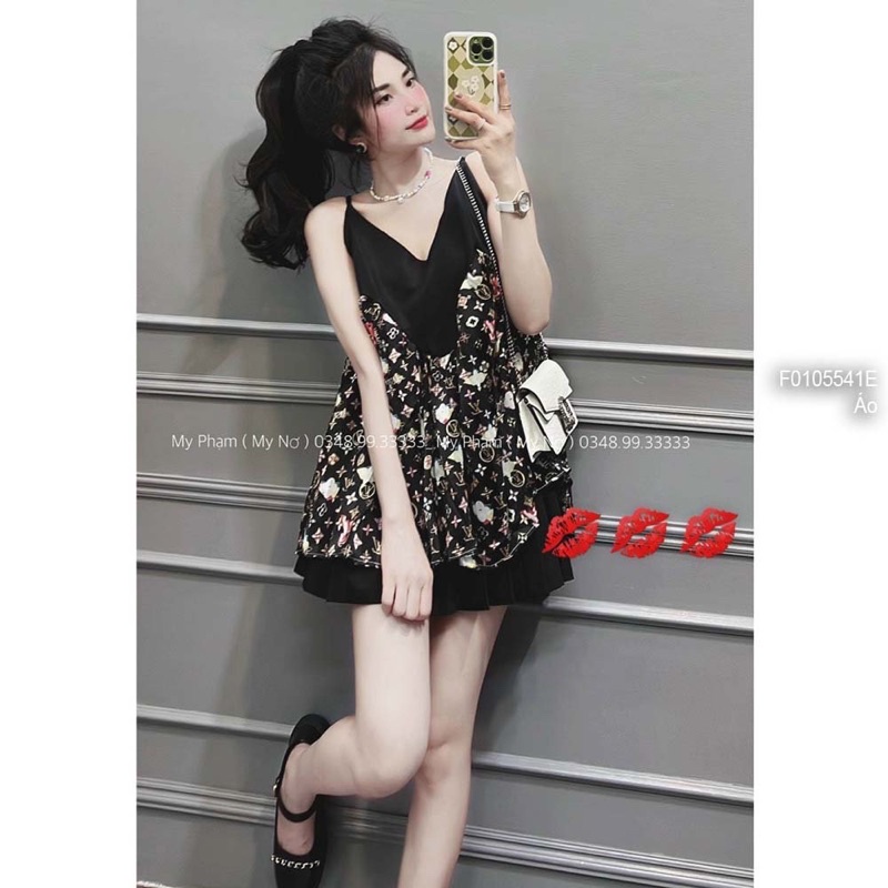 Áo họa tiết kiểu pha tơ 2 dây 0422