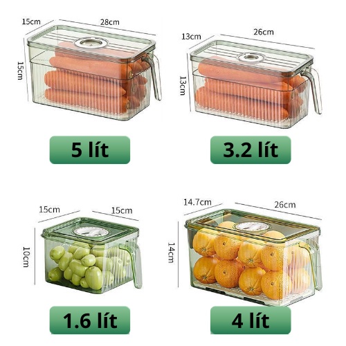 Hộp đựng rau củ quả thực phẩm tủ lạnh 3L & 5L có TAY CẦM, tách nước, vòng ghi nhớ thời gian lưu trữ tiện lợi