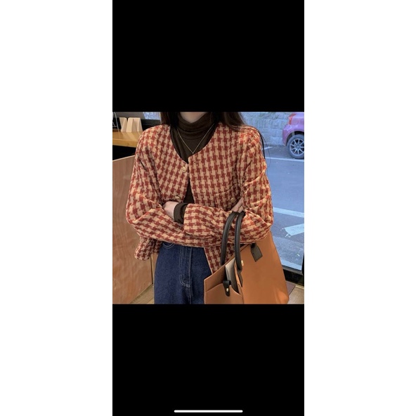 : Áo Khoác Dạ Tweed caro 2 màu Có Đệm Vai cổ tròn cúc đồng diện hàng 2 lớp Kèm Ảnh Thật