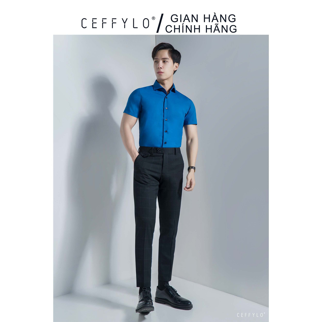 Sơ mi nam cộc tay trơn Xanh Dương cao cấp CEFFYLO chất Cotton Lụa mềm co giãn nhẹ