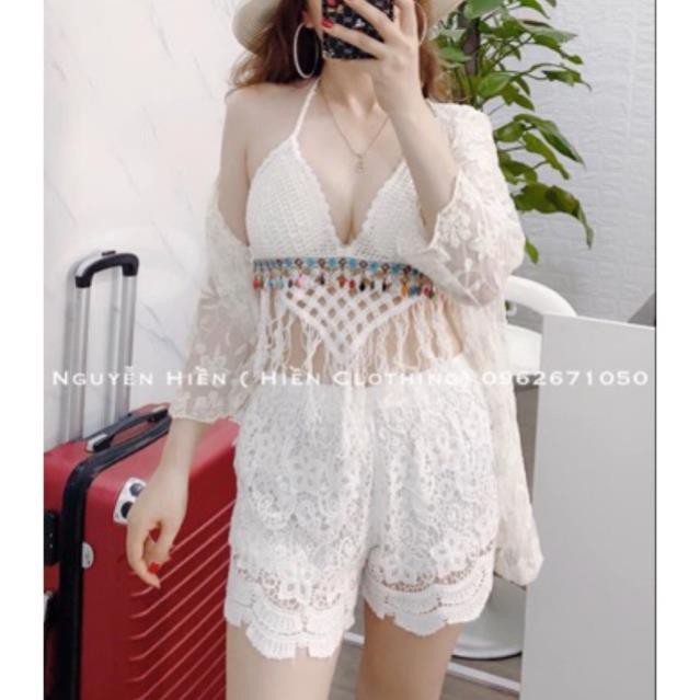 Set biển sexy mới - set 3 món - bra tam giác rua ngọc + quần hoa cạp nhỏ + choàng ren hoa nhỏ (có tách rời)