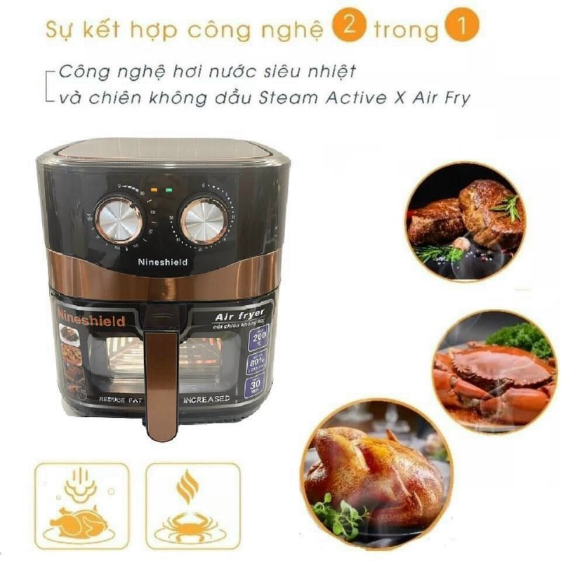 nồi chiên không dầu nineshield 10.5L mẫu mới cửa sổ kính