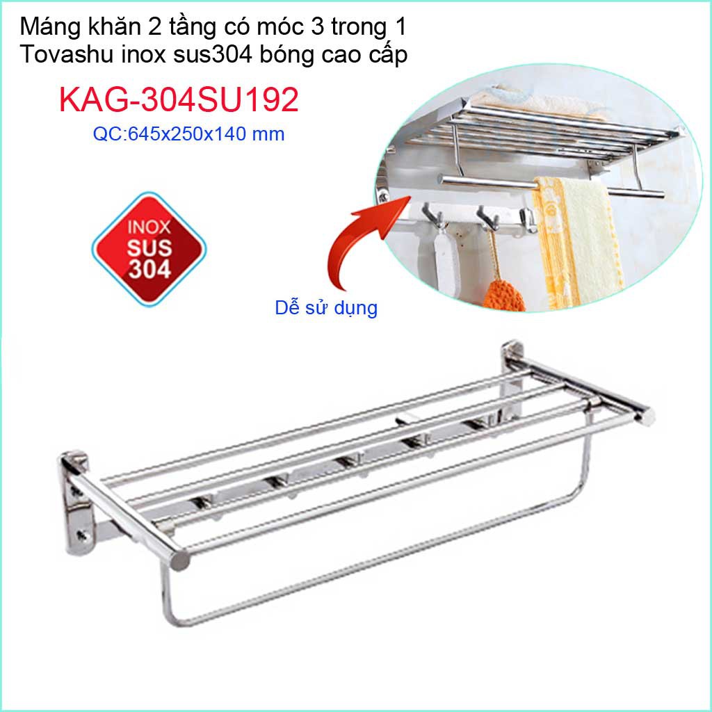 Thanh treo khăn tắm Tovashu KAG-304SU192, Giá treo khăn phòng tắm Inox hộp cao cấp SUS304 Nhật Bản