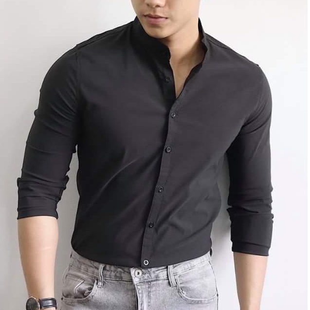 Áo sơ mi dài tay áo kiểu nam công sở đẹp hàn quốc Cổ Tàu F8888 Màu Đen - Hàng mới về