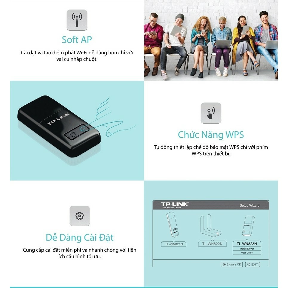 TP-Link N 300Mbps Nhỏ gọn USB kết nối Wi-Fi -TL-WN823N - Hàng Chính Hãng