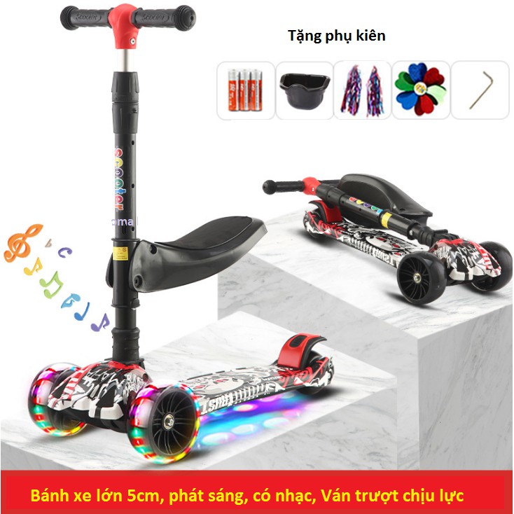 Xe trượt scooter gập gọn cho bé có ĐÈN  và Nhạc, bánh xe lớn