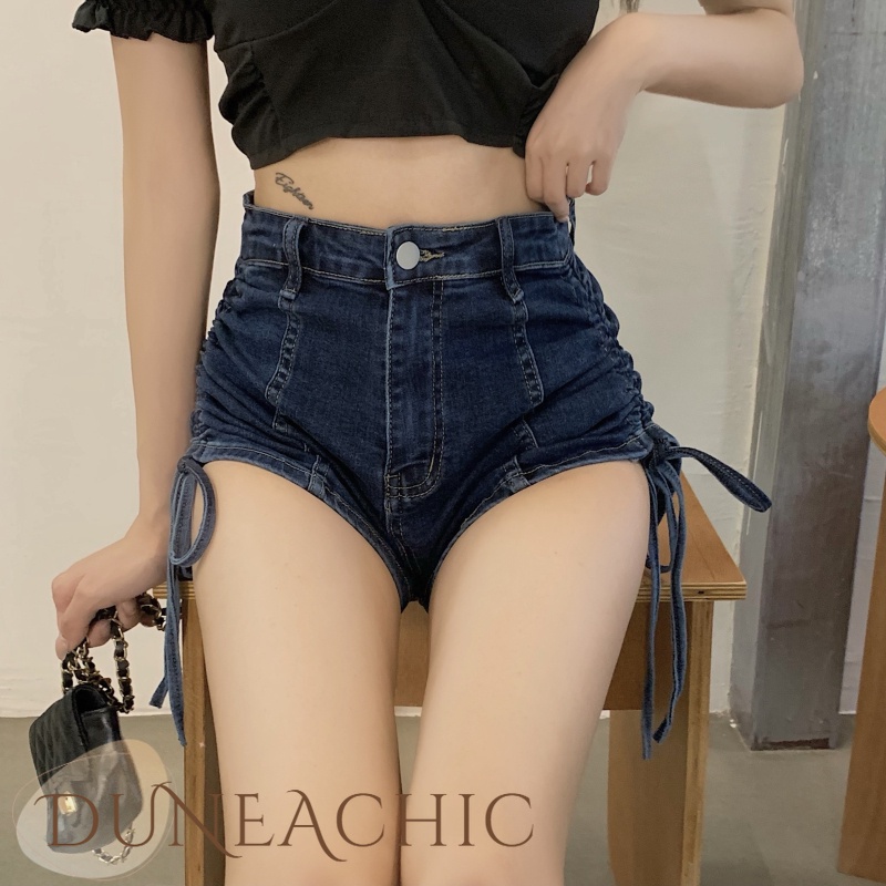 DUNEA Quần Short Denim Lưng Cao Dáng Chữ A Phối Dây Rút Gợi Cảm Dành Cho Nữ