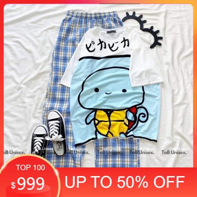 Sét áo rùa + quần kẻ xanh Áo thun nam nữ, quần kaki, quần nữ, sét bộ mặc ở nhà MODY