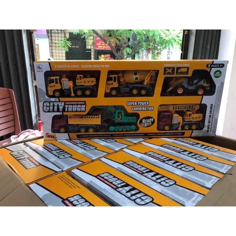 Combo 6 xe công trình siêu to cho bé, set 6 xe công trình chạy đà cỡ lớn, mô hình xe ủi, xe ben, xe cẩu, máy đào cho bé