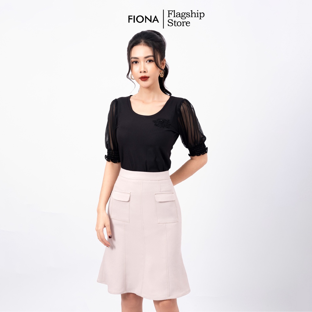 Chân váy thiết kế đuôi cá FIONA, chân váy công sở thêu diễu chỉ, phối túi màu be F251424