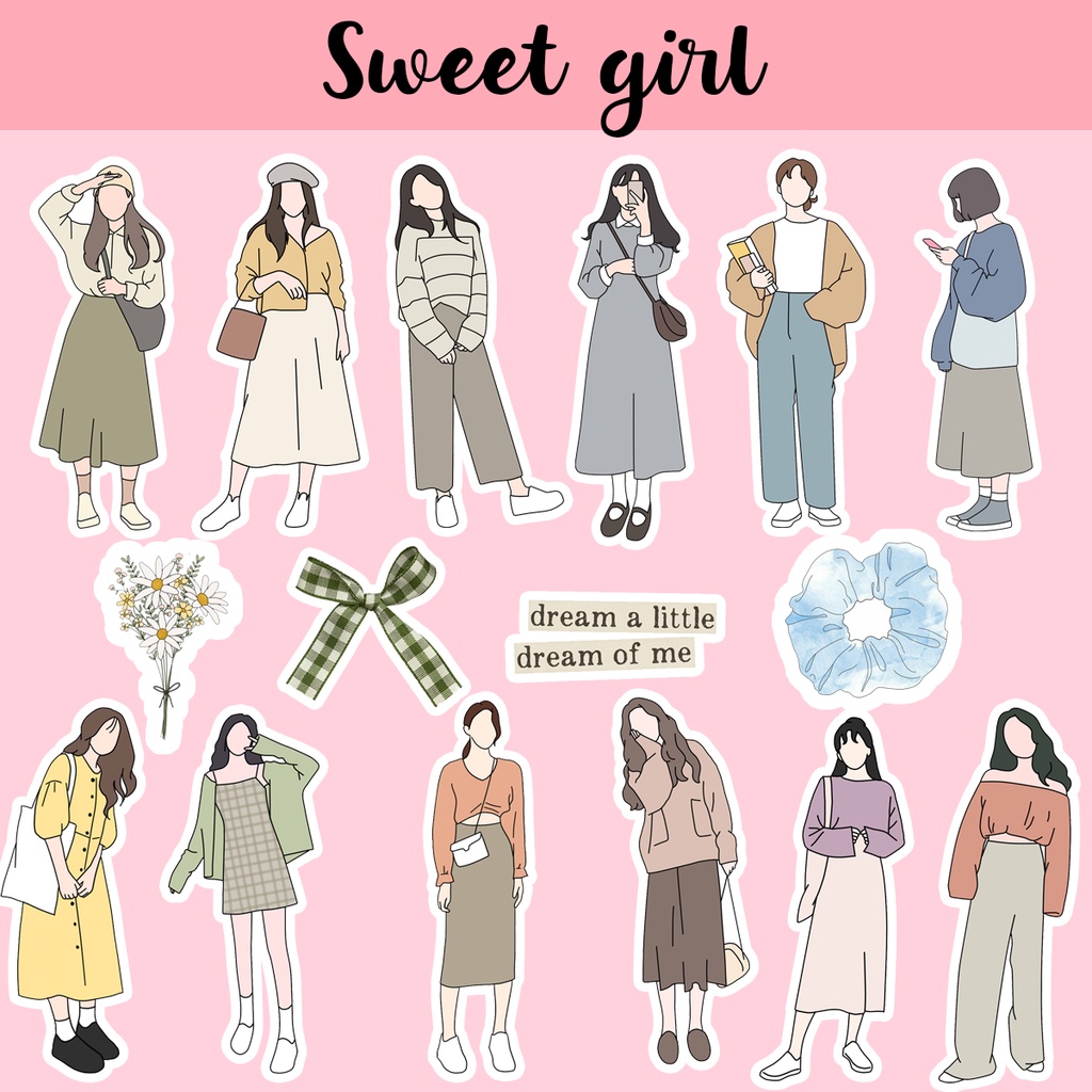 Set sticker cô gái ulzzang girl trang trí sổ tay điện thoại laptop xinh xắn