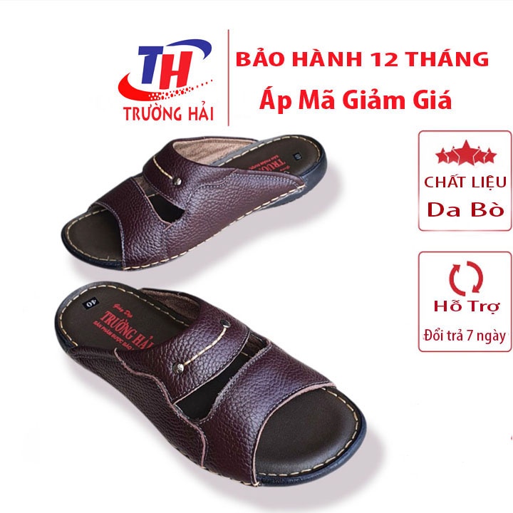 Dép quai ngang nam 2.5cm da bò cao cấp Trường Hải đế cao su may viền THQN301