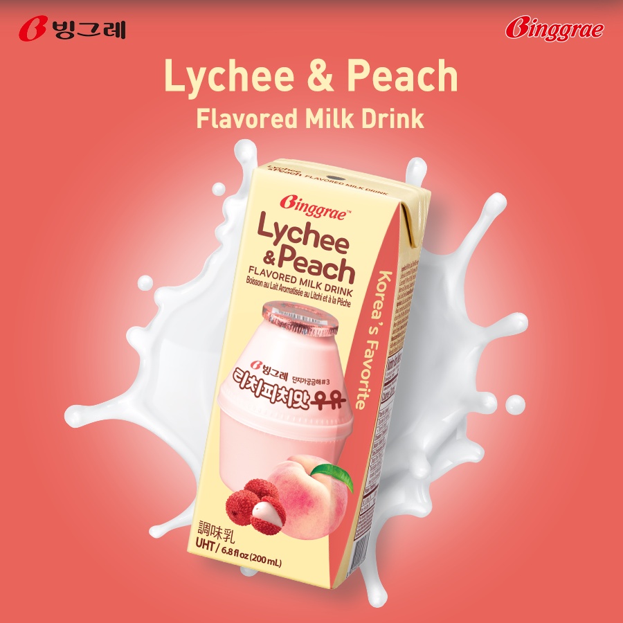 Thùng Sữa Vải-Đào Hàn Quốc Binggrae Lychee&amp;Peach Milk (200ml x 24 hộp)