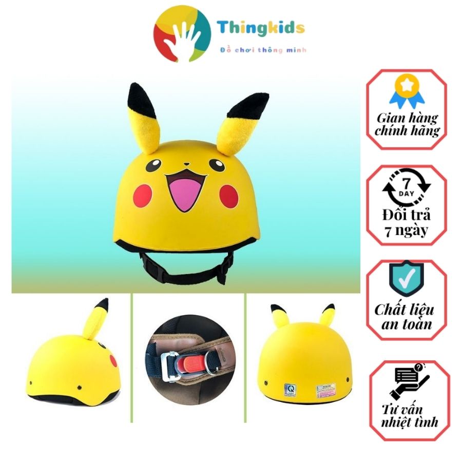 Nón bảo hiểm nửa đầu tem doremon và pikachu + tai ép nhiệt, chịu lực - Thingkids