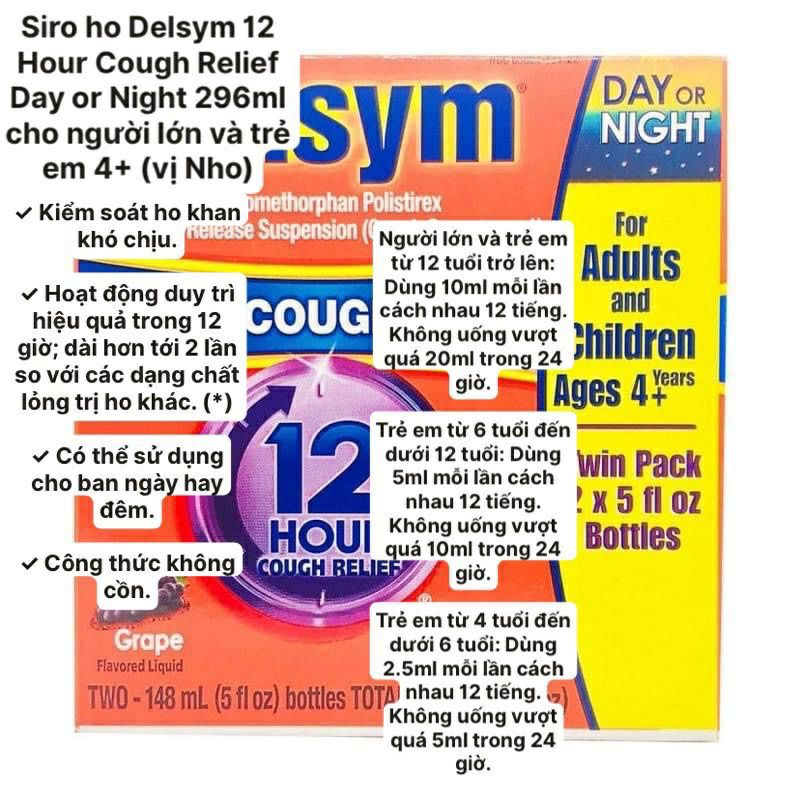 Siro giảm ho Delsym couch 12 hrs 148ml cho người lớn và trẻ 4+ vị cam, vị nho