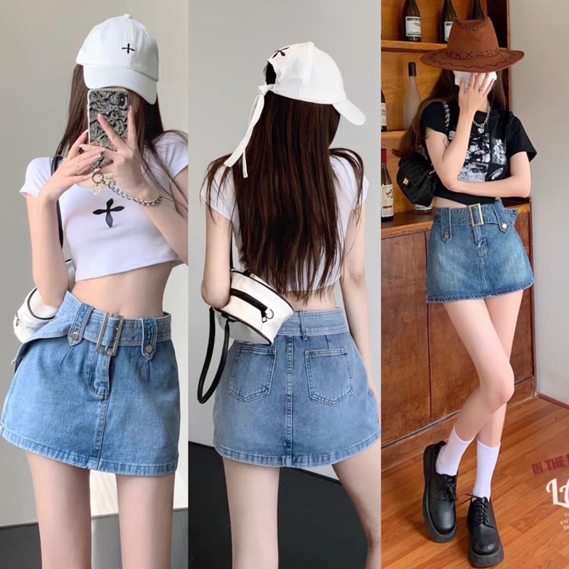 Quần Giả Váy denim Lưng Cao có đai Dáng Ôm -Thời Trang Hàn Quốc Quyến Rũ Cho Nữ