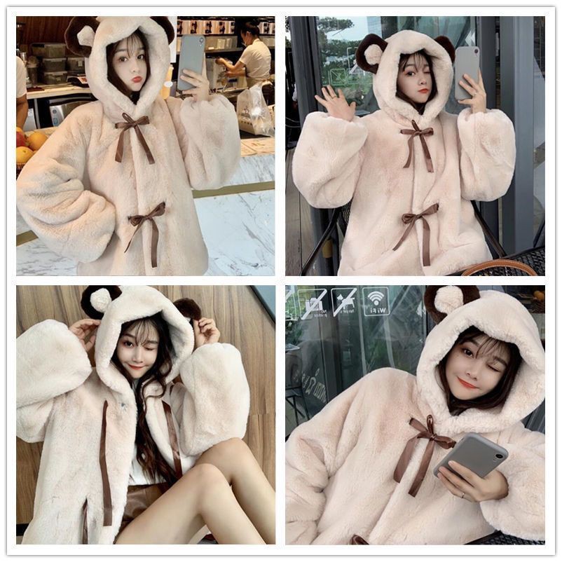 ☜Áo Khoác Lông Mềm Dày Có Mũ Tai Gấu Thời Trang Thu Đông 2021 Cho Nữ | BigBuy360 - bigbuy360.vn