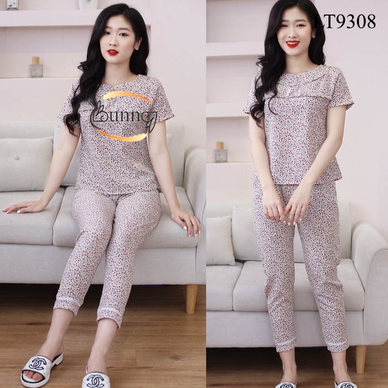 [Bunny] ĐỒ BỘ NỮ MẶC NHÀ CHẤT LIỆU LỤA MỀM MÁT TAY CỘC QUẦN DÀI CỔ BÈO ZEN SỌC