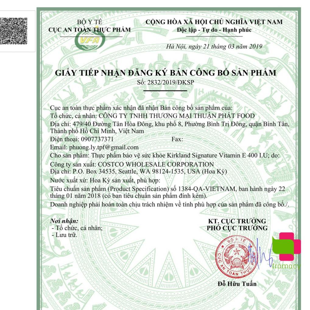 Vitamin E Kirkland 400 IU, Mỹ (500 viên) trẻ hóa làn da, chống lão hóa cho phụ nữ từ 12 tuổi trở lên | BigBuy360 - bigbuy360.vn