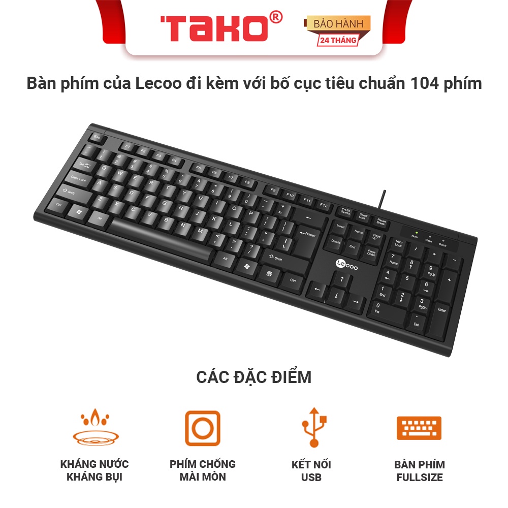 Bàn phím máy tính Lecoo KB101 có dây cổng usb. Chính hãng, BH 24 tháng