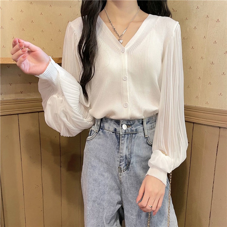 Áo tay phồng cổ chữ V kiểu dáng thời trang Hàn Quốc dành cho nữ