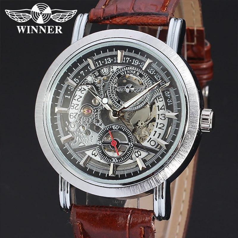 WINNER Top Brand Men Auto Mechanical Watch Date Sub-dial Skeleton Hollow Out Self-winding Genuine Leather Strap Watches