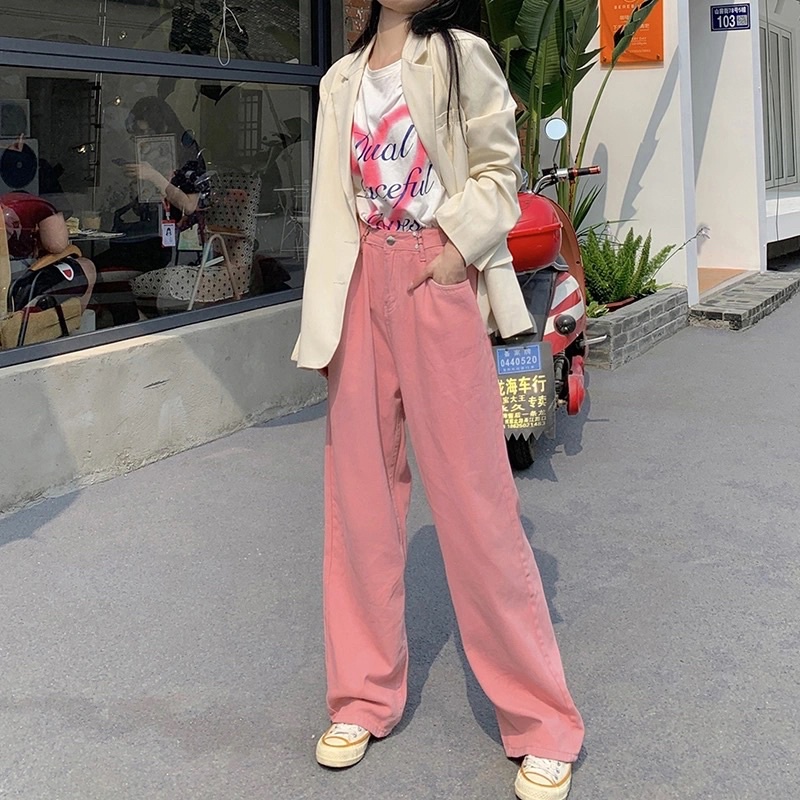 Quần Jeans Nam Nữ Unisex Cạp Khuy Gài Eo Màu Hồng Xanh Đen Trắng Cạp Lưng Cao Ống Suông Dáng Rộng Phong Cách Ulzzang