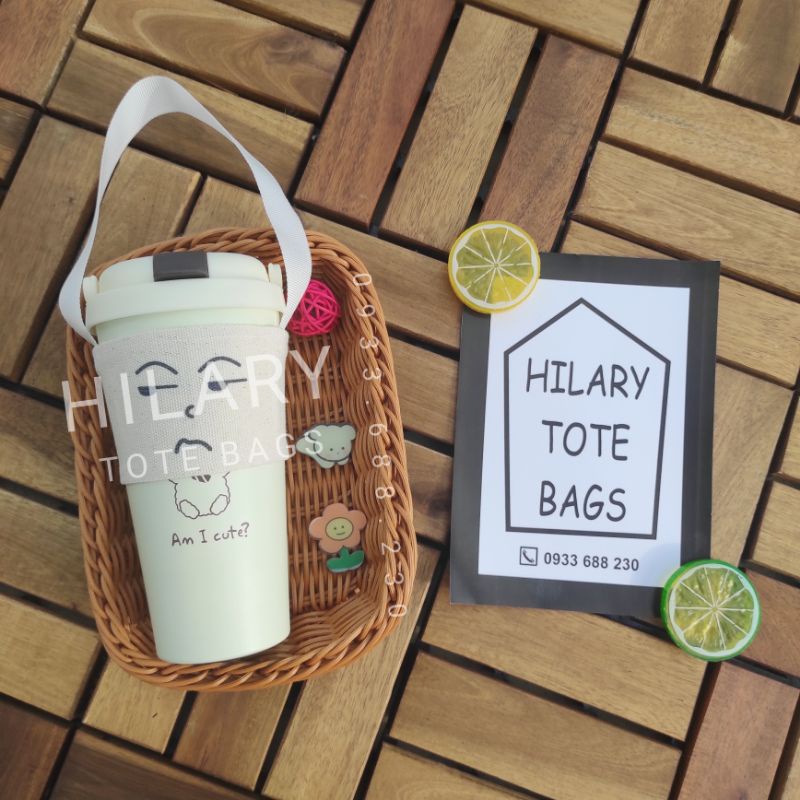Túi Vải Đựng Ly Giữ Nhiệt Dưới 500ml In Hình Biểu Cảm Dây Đai Mỏng