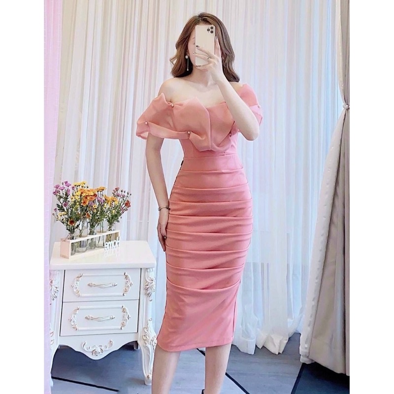 Đầm dự tiệc nữ body cao cấp cúp ngực tay trễ hồng, tiểu thư sang chảnh | BigBuy360 - bigbuy360.vn