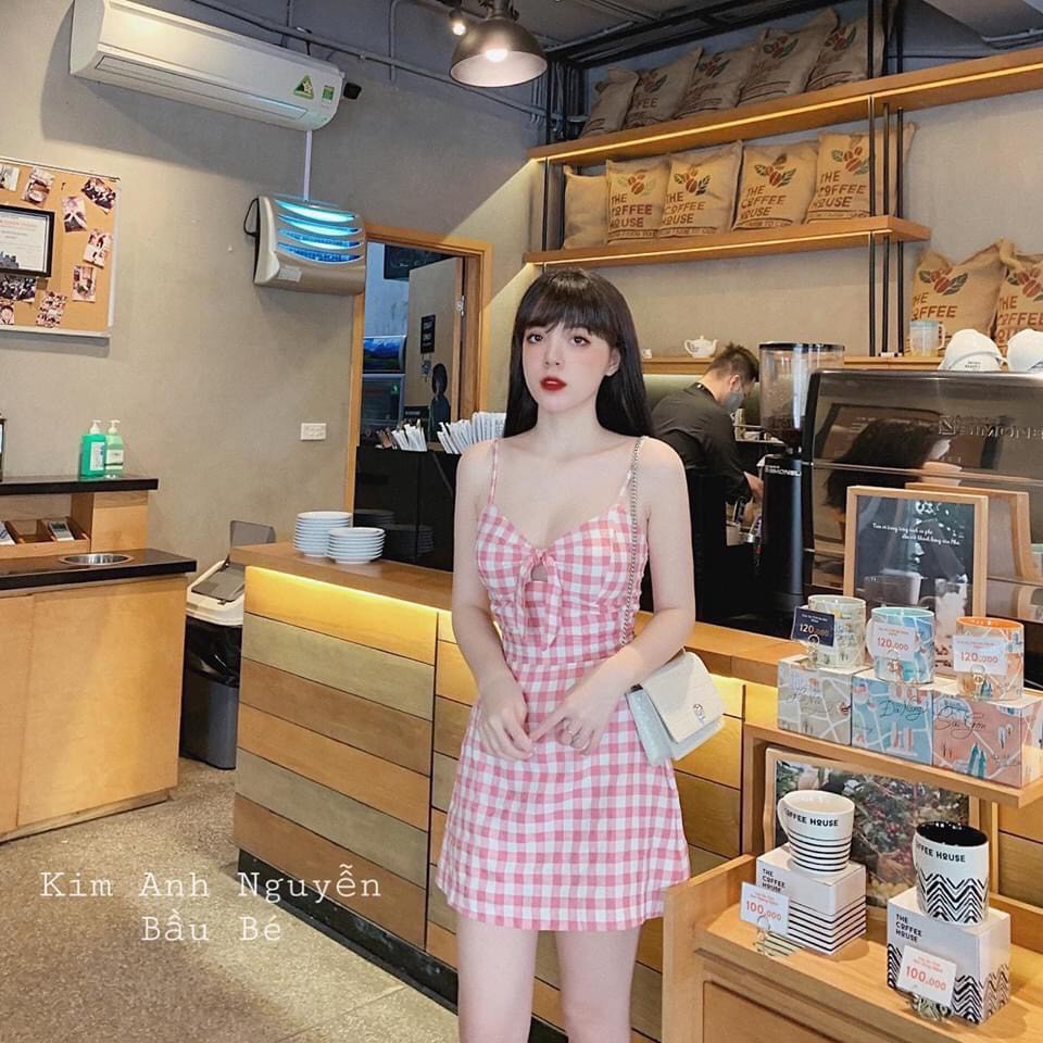 Đầm kate họa tiết caro hai dây thắt nơ trước ngực sexy TTSA0315