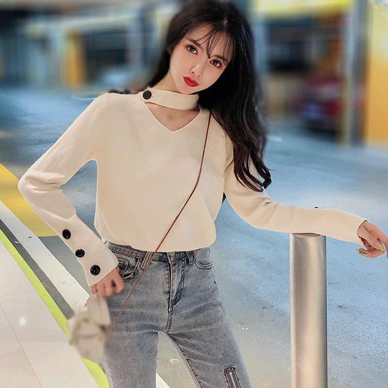 Áo Sweater Nữ Tay Dài Cổ Chữ V Dáng Rộng Phong Cách Retro