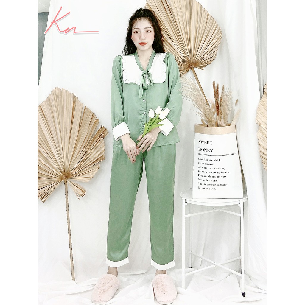 Pijama lụa satin tay dài quần dài, Đồ ngủ nữ lụa cao cấp mát mịn không nhăn ẢNH THẬT CỦA SHOP - Kn Store