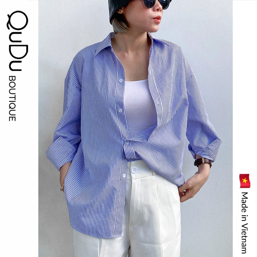 [Mã FAMARAL1 giảm 10K đơn 50K] [HOT TREND] Áo Sơ Mi Nữ QuDu, Sơ Mi Sọc Xanh Dáng Rộng Freesize Đồ Đi Biển Mùa Hè 2021