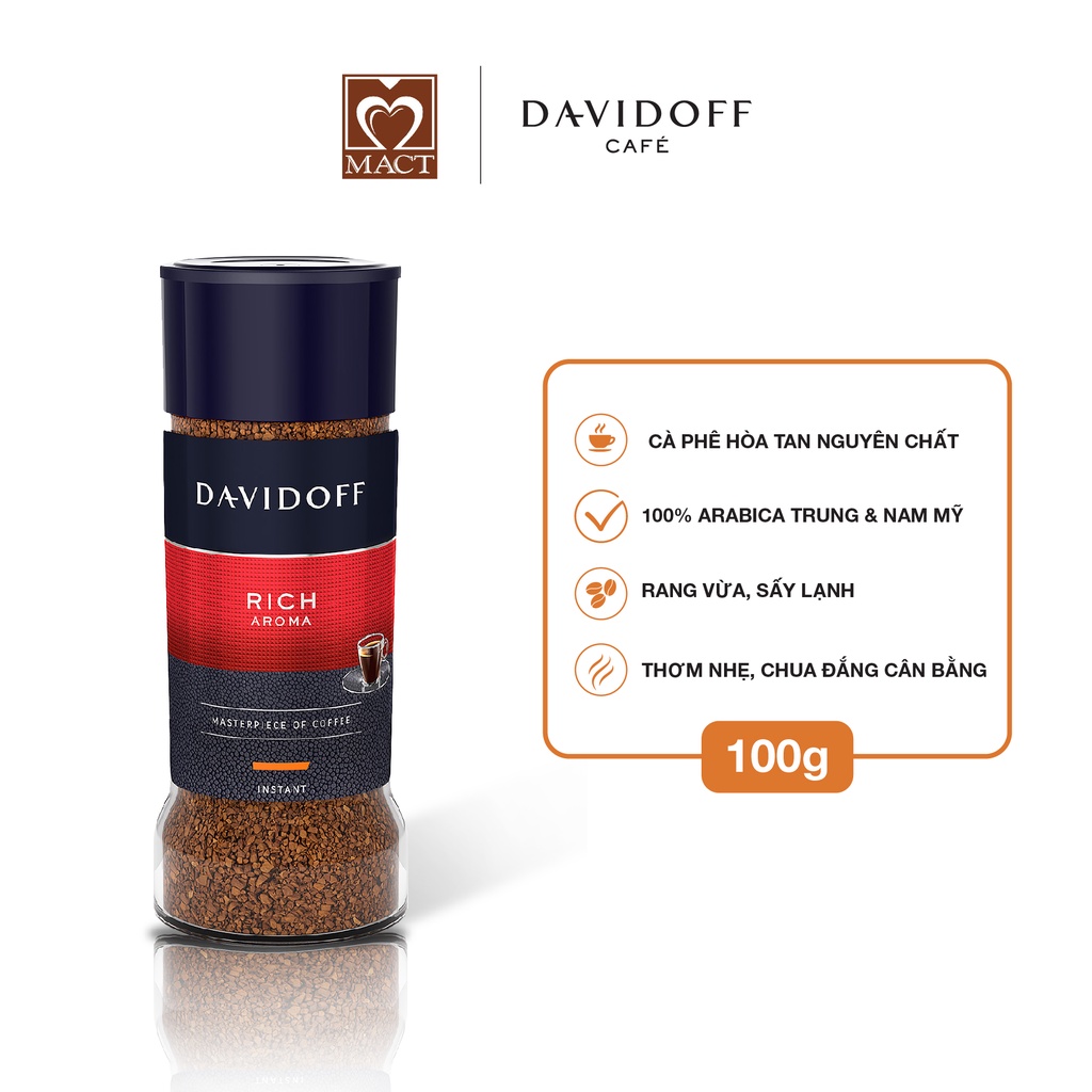 Cà phê hòa tan DAVIDOFF CAFÉ RICH AROMA - 100% hạt Arabica - thơm nhẹ, chua đắng cân bằng - lọ 100g | BigBuy360 - bigbuy360.vn