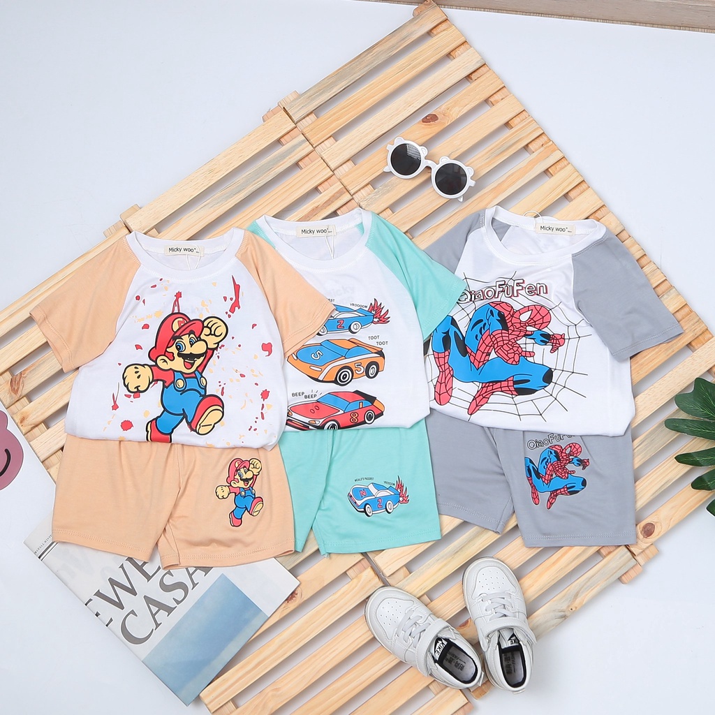 [Bé 7-19kg] Bộ ngắn tay thun lạnh trắng in hình Minky Mom mềm mịn mát cho bé trai bé gái từ 7-19kg