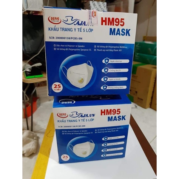 1 HỘP 25 CÁI Khẩu Trang N95 KHÔNG VAN/CÓ VAN HM95 Mask HOÀNG MINH 5 Lớp Màu Trắng Chống Bụi Mịn PM2.5, Có Nẹp Kim Loại