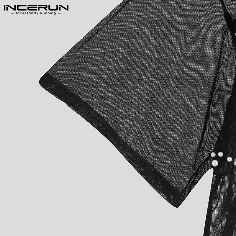 Áo thun INCERUN ngắn tay dáng rộng phối lưới xuyên thấu đính ngọc trai nhân tạo dễ thương cho nam