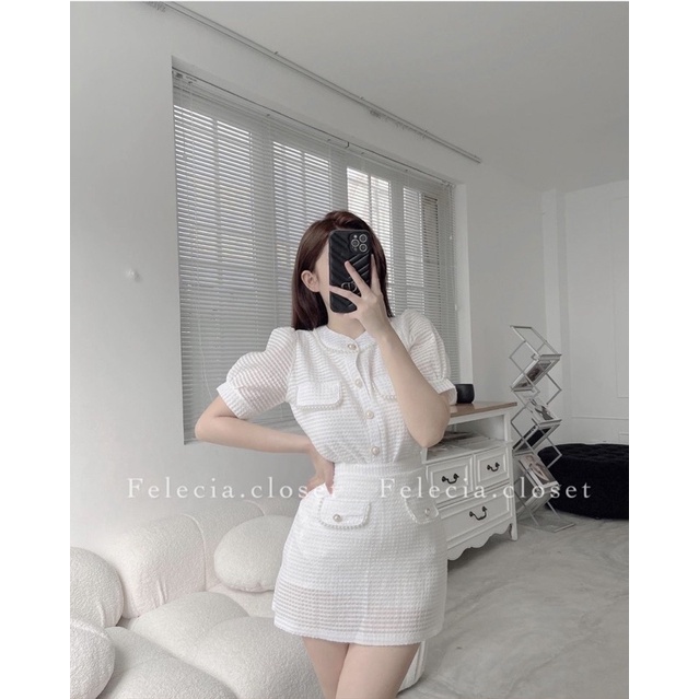 SET ÁO DẠ VIỀN REN CỔ TRỤ + CHÂN VÁY