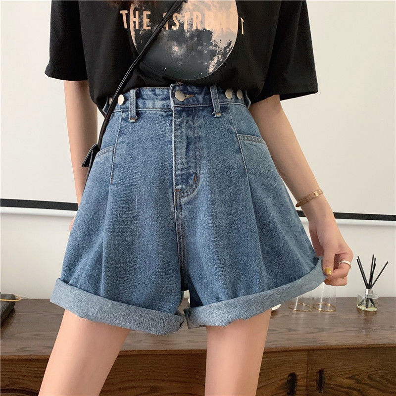 Quần Đùi Denim Lưng Cao Ống Rộng Phong Cách Cổ Điển Cho Nữ