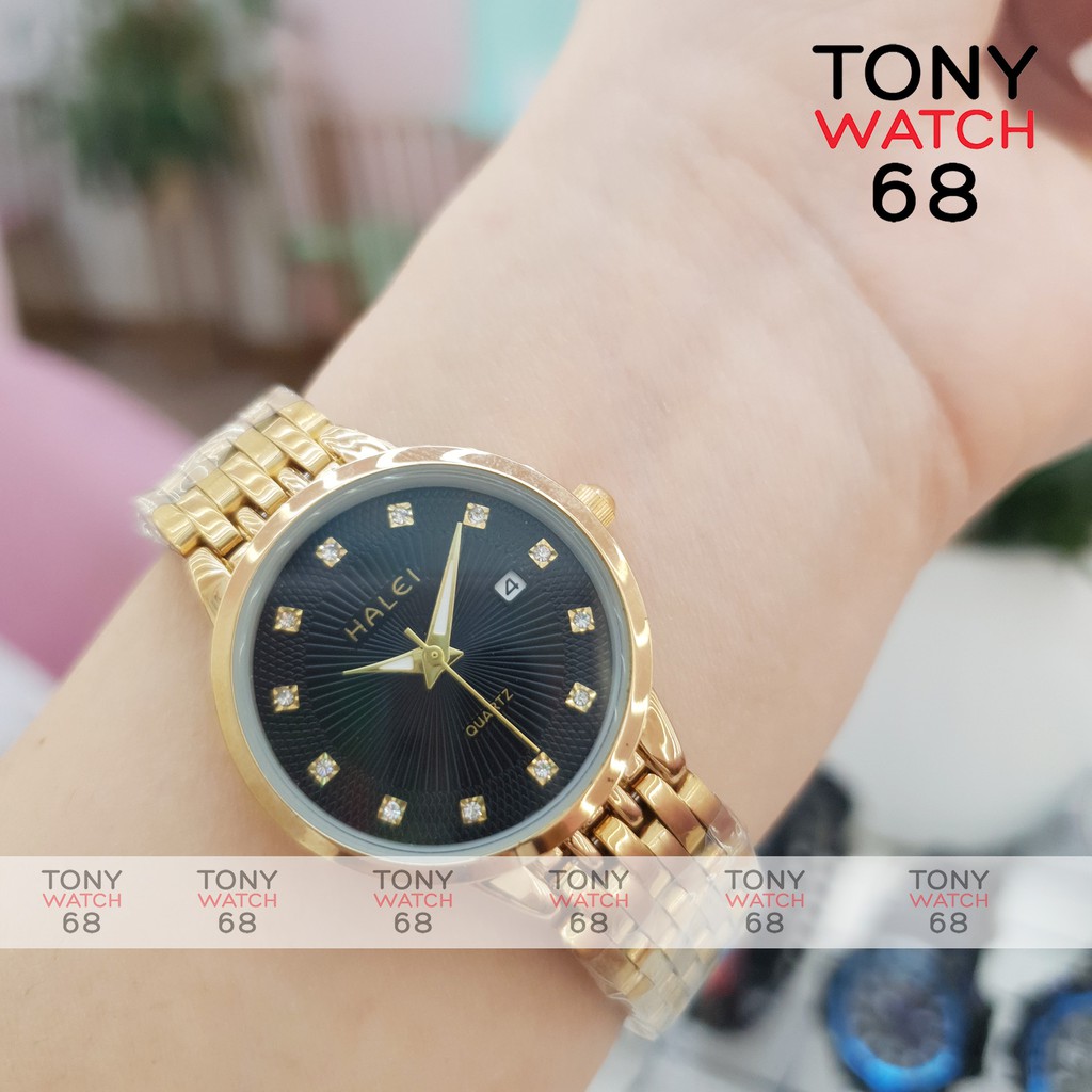 Đồng hồ nữ Halei dây mạ vàng mặt số ngọc có lịch chống nước chính hãng Tony Watch 68