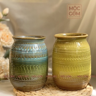 Bình hoa gốm sứ Bát Tràng men hỏa biến tone xanh chuyển màu vintage trang trí nội thất đẹp Mộc Gốm MG27