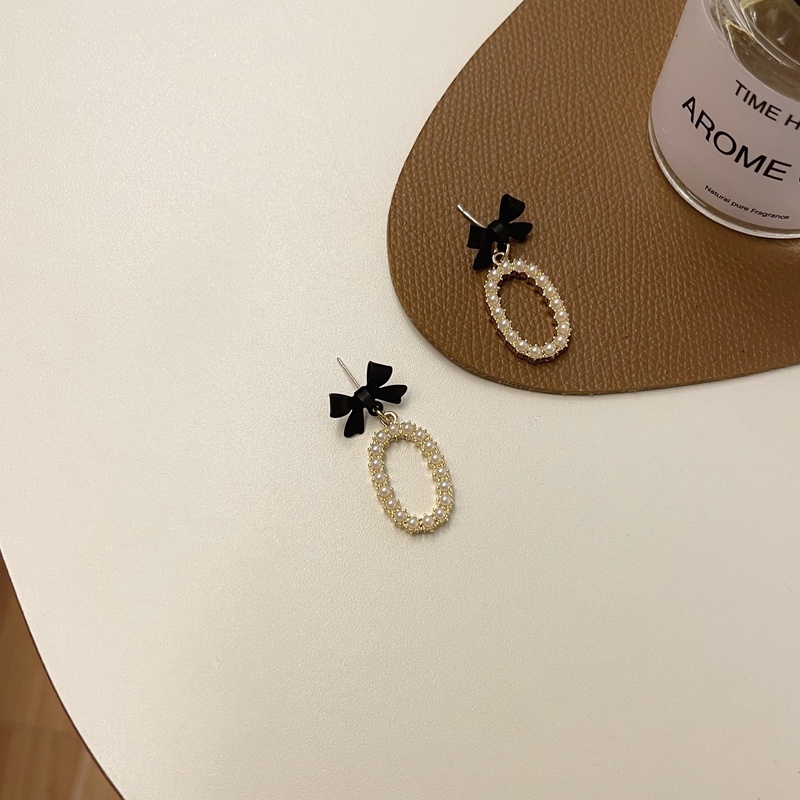 Khuyên tai kẹp không bấm lỗ chốt cố định K196 bằng hợp kim phủ màu hình elip đính nơ hạt trai dáng midi Leous