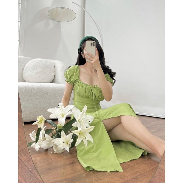 (CÓ BIGSIZE) ĐẦM MIDI CỔ VUÔNG TAY PHỒNG BO CHUN LƯNG | BigBuy360 - bigbuy360.vn